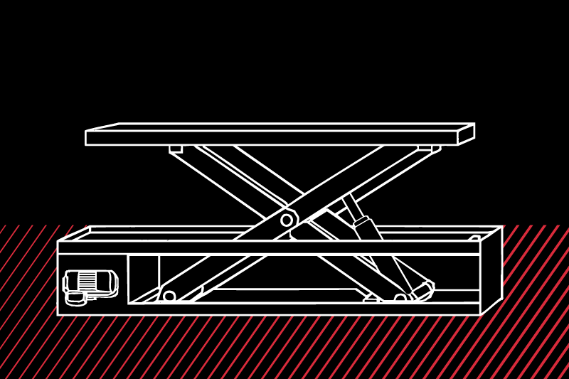 Weißes Linienbild einer Scherentisch-Hebebühne in einem rechteckigen Sockel auf schwarzem Hintergrund mit roten diagonalen Bodenstreifen; ausgefahrene Scherenarme, Hydraulikzylinder und Antriebseinheit am Sockel