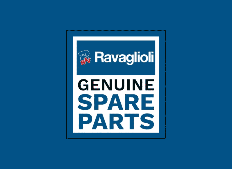 Ravaglioli-Logo, weißes Rechteck auf blauem Hintergrund mit oben blauem Banner und Schriftzug Ravaglioli sowie kleinem Markensymbol links oben; darunter großer Text GENUINE SPARE PARTS