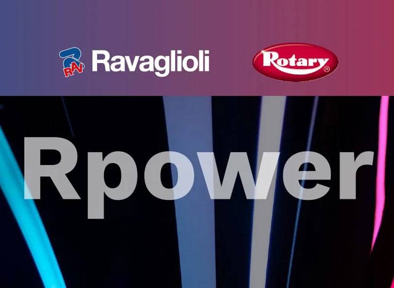 Ravaglioli-Logo links, Rotary-Logo rechts oben; großer hellgrauer Schriftzug Rpower vor dunklem Hintergrund mit senkrechten neonblauen, weißen und rosa Lichtstreifen