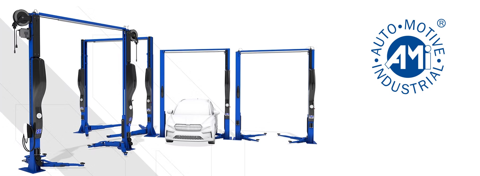 Row of blue automotive two-post lifts in different configurations with a white car positioned on the center lift, set against a white background; AMi (Auto•Motiv•Industrial) circular blue company logo on the right