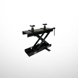 Black scissor-style motorcycle lift jack with X-frame, two adjustable top pads and a hand-crank side clamp, isolated on white background