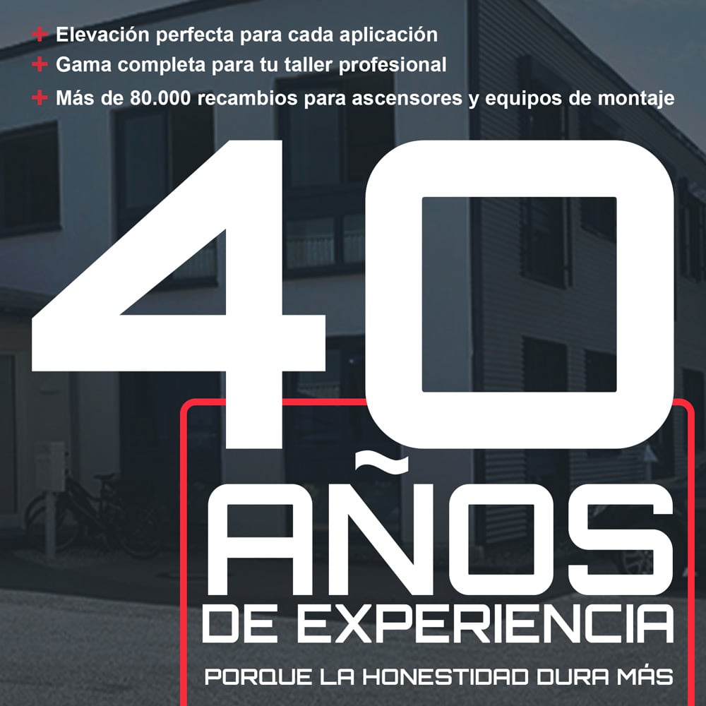 Cartel publicitario con el número grande 40 y texto "AÑOS DE EXPERIENCIA", lema "PORQUE LA HONESTIDAD DURA MÁS", viñetas superiores sobre elevación y recambios, fondo de fachada de edificio y bicicletas, tipografía blanca con detalles rojos