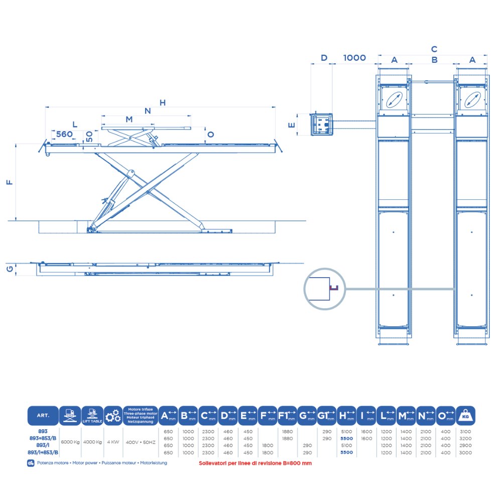 OMCN 893/I+853/B | Scherenhebebühne 6t | Achsv.+Gelenkspieltester Unterflur 5500 mm