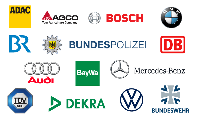 Collage aus Logos deutscher Organisationen und Firmen: ADAC, AGCO, Bosch, BMW, BR (Bayerischer Rundfunk), Bundespolizei, Deutsche Bahn (DB), Audi, BayWa, Mercedes‑Benz, TÜV SÜD, DEKRA, Volkswagen, Bundeswehr