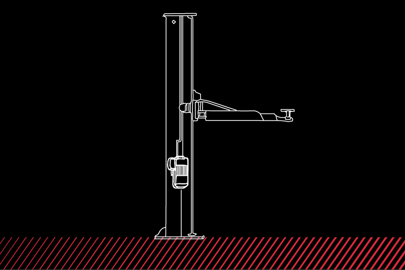 Weißer Linienumriss einer einarmigen Hebebühnen-/Parklift-Säule mit ausklappbarem Arm und Motorantrieb vor schwarzem Hintergrund, roter diagonal gestreifter Bodenleiste unten