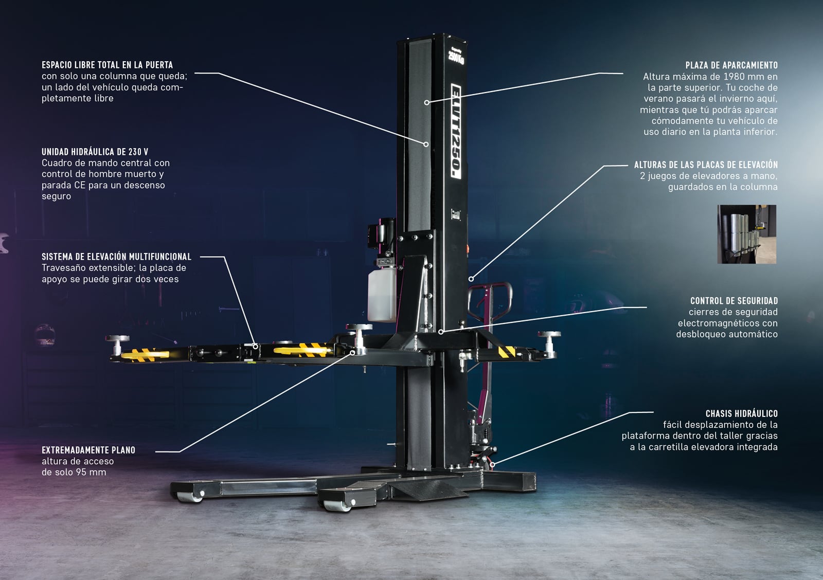 Elevador de vehículo de columna única negro en taller, brazos extensibles con marcas amarillas, unidad hidráulica lateral y depósito, base con ruedas, fondo oscuro con textos y líneas señalando características técnicas