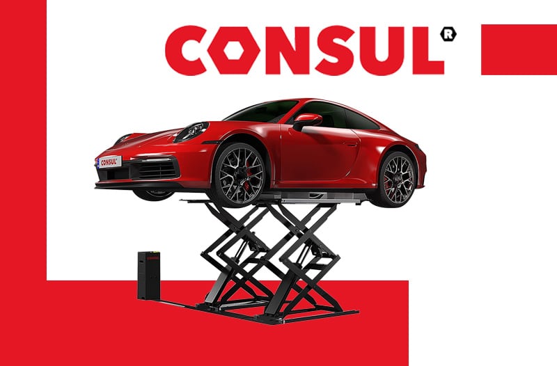 Red sports car lifted on a black scissor car lift against a white-and-red background with a large CONSUL logo above, promotional layout