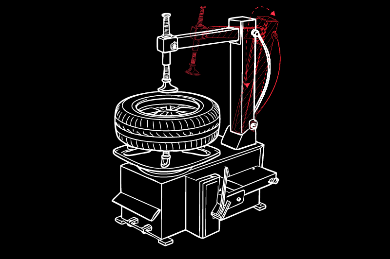 Dibujo técnico en líneas blancas y detalles rojos de una máquina desmontadora de neumáticos: base con palancas, plato giratorio con rueda montada y brazo vertical con útil superior y flechas rojas que indican movimiento