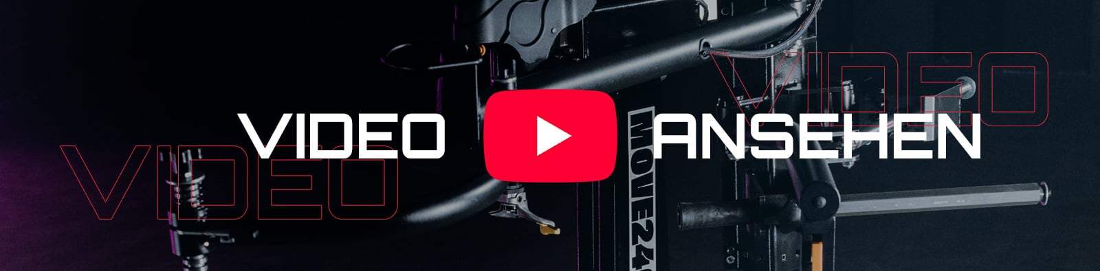 Banner mit rotem YouTube-Play-Button in der Mitte, weißer Schriftzug VIDEO ANSEHEN, dunkler Hintergrund mit Filmkamera- und Rig-Teilen, rote konturierte Wiederholung des Wortes VIDEO als Designelement