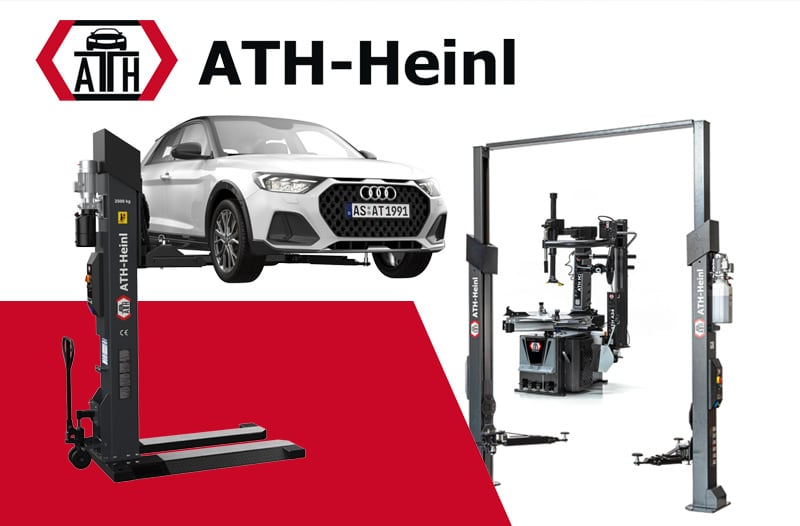 ATH-Heinl logo above a white Audi on a single-post lift, next to a two-post car lift and a tire changer machine on a white and red background