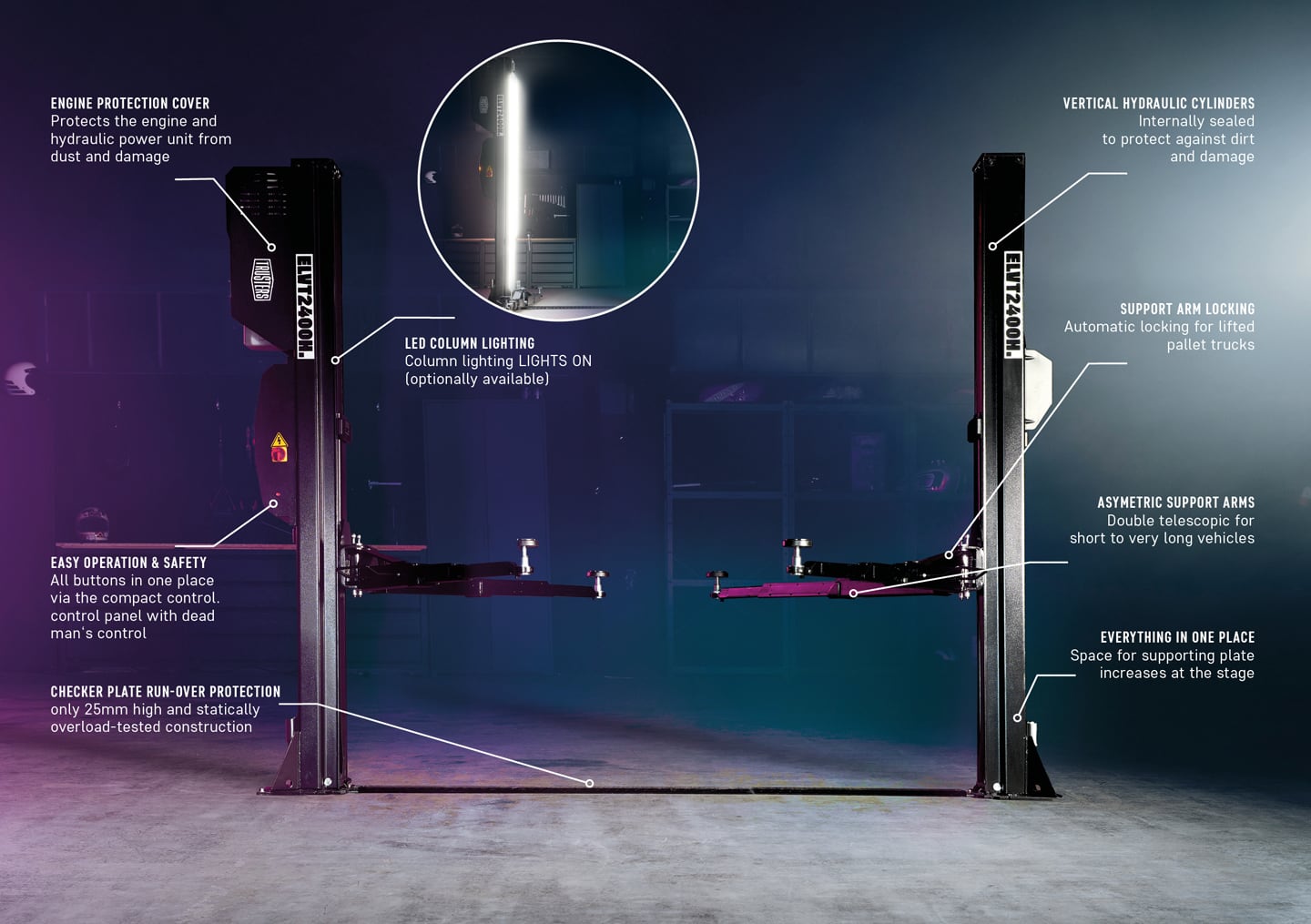 Two-post automotive lift in a dim garage, two tall black columns with extended asymmetric support arms, annotated feature callouts and a circular close-up of LED column lighting, purple-blue studio lighting and concrete floor