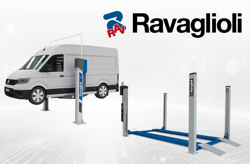 White cargo van elevated on a Ravaglioli two-post lift beside a blue-gray four-post vehicle lift platform, Ravaglioli logo above on a light, technical background