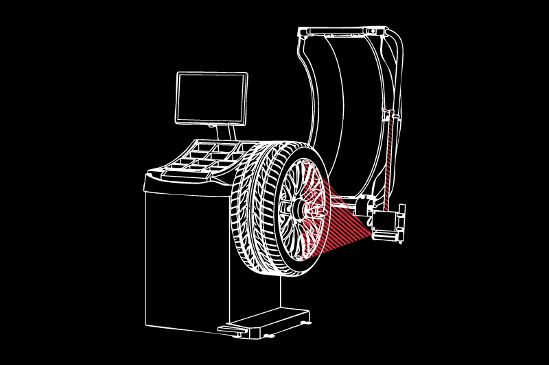 Vektorzeichnung eines Reifenauswuchtgeräts mit Computerkonsole, montiertem Pkw-Rad und Sensorarm, der ein rotes Messfeld auf die Felge projiziert, vor schwarzem Hintergrund