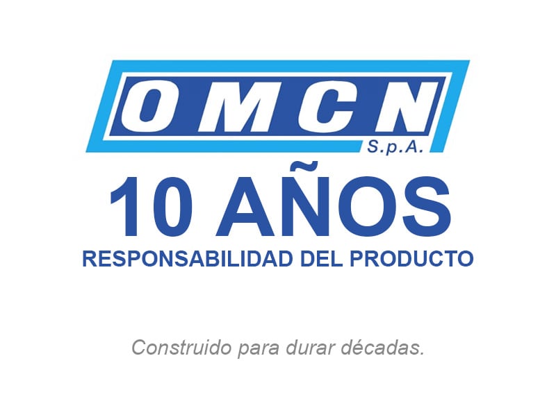 Logotipo OMCN S.p.A. en azul sobre texto grande 10 AÑOS y subtítulo RESPONSABILIDAD DEL PRODUCTO, lema en gris Construido para durar décadas