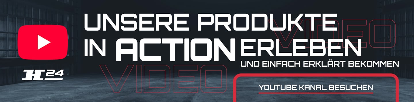 Dunkles Industriehallen-Banner mit YouTube-Play-Icon links, H24-Logo, großer weißer Schriftzug Unsere Produkte in Action erleben und einfach erklärt bekommen, roter Konturtext VIDEO und Button YouTube Kanal besuchen