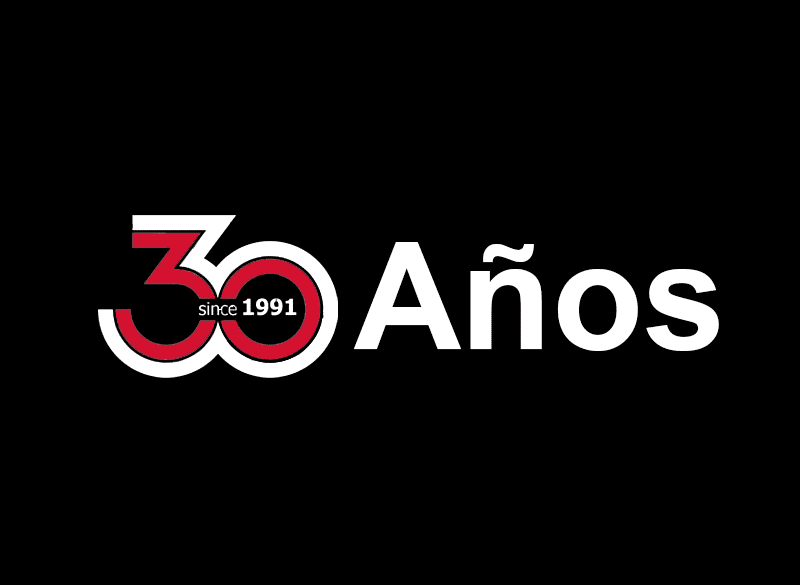 Logotipo sobre fondo negro: número 30 estilizado en rojo con borde blanco, en el cero el texto since 1991, seguido de la palabra Años en blanco